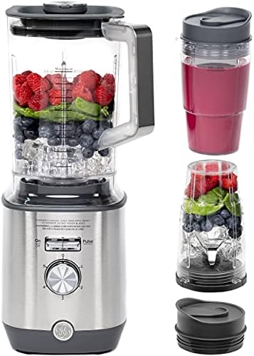 GE 5-Speed Blender + (2) 16 Ounce Blender Cups | Kitchen Essentials Blender for Shakes, Smoothies & More | Large 64 oz Tritan Jar, 8-10 Servings | Stainless Steel Blades & Exterior Finish | 1000 Watts