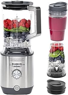 GE 5-Speed Blender + (2) 16 Ounce Blender Cups | Kitchen Essentials Blender for Shakes, Smoothies & More | Large 64 oz Tritan Jar, 8-10 Servings | Stainless Steel Blades & Exterior Finish | 1000 Watts