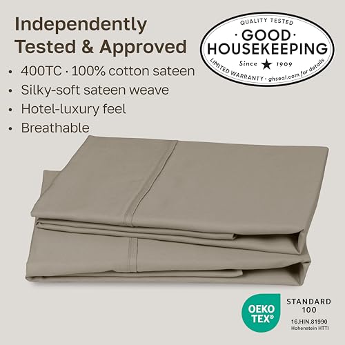 Image of California Design Den King Size Pillowcase Set - 400 Thread Count, 100% Cotton Sateen, Set of 2 Pillow Covers, Soft and Breathable - Taupe