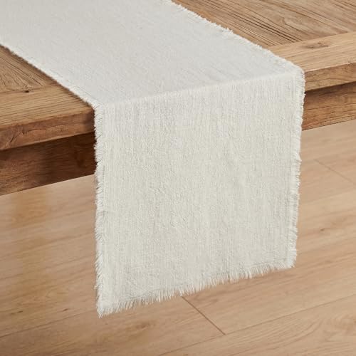 KINGSTONE 14 x 72 Inches Frayed Edge Table Runner, 270G Heavyweight Sand Washed Slub Texture Cotton Linen for Modern Farmhouse, Rustic Home Decorations Dining Room Wedding Boho Decor, White