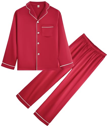 OEIU Children Kid Silky Satin Pajamas Set for Girls Boys pj Set Sleepwear Button-up Lounge Sets Nightwear Wine Red 160