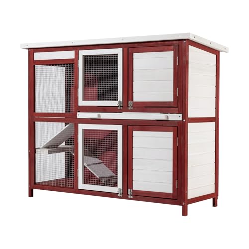 Wiltec Kaninchenstall rot weiß 1175 x 410 x 1000 mm, Hasenstall als Ergänzung für Freilauf, Kaninchenkäfig Hasenkäfig mit 4 Türen und Treppe