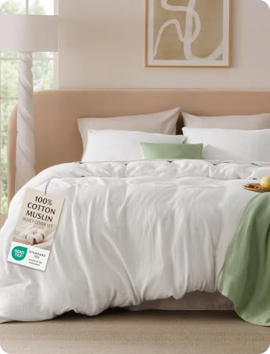 Image of Bedsure 100% Muslin Cotton Duvet Cover King Size - Ultra-Soft Gauze Duvet Cover, PureWoven Breathable & Lightweight Bedding Set with Button Closure and Corner Ties (White, King, 104 inchx90 inch)