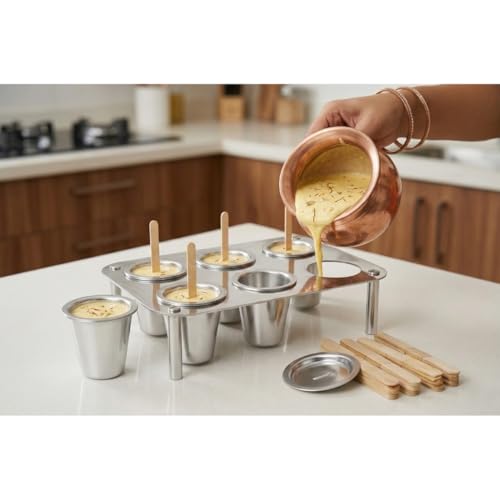 Image of IMN Aluminum Kulfi Moulds with Stand Set of 6 - Reusable Popsicle Maker, Traditional Cone Shape Kulfi Sancha, Metal Ice Cream Moulds for Home, 6cm Height, 330g Heavy Duty Ideal Summer Gift (Silver)
