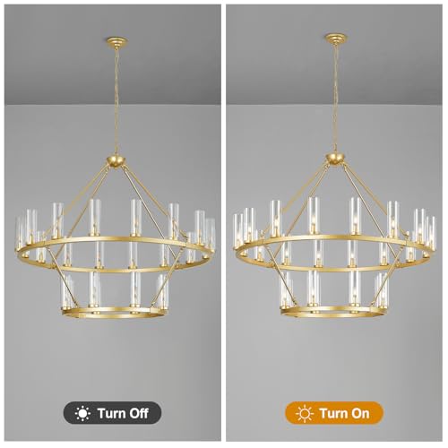 Image of 48 Inch Large Gold Wagon Wheel Chandelier with Clear Glass Shade 2 Tier 24-Lights Round Pendant Light Farmhouse Industrial Chandeliers Dining Room Light Fixture for Stair Living Room Foyer