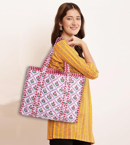Image of Cotton Tiger Block Print Tote Bag, Indian Handmade Shopping Shoulder Bag, Unisex Market Daily Use