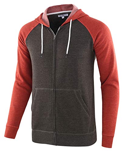 HARBETH Men's Athletic Fit Full Zip Fleece Hooded Sweatshirt Active Hoodie Heather Charcoal/Rusty
