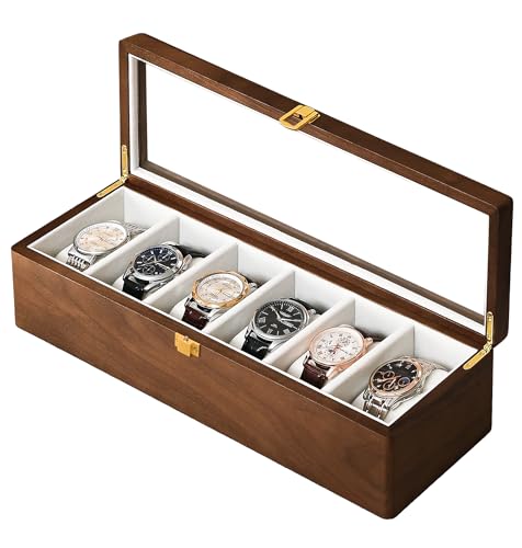 Image of Solid Black Walnut Watch Box, 6 Slot Wooden Watch Organizer with Glass Lid, High-End Watch Display Case Jewelry Storage Box, Gift for Husband, Dad, Birthday, Anniversary, Father's Day, Men and Women