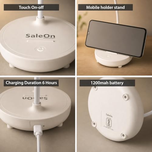 Image of SaleOn Rechargeable LED Study Table Lamp with Mobile Holder, Touch Control, Stepless Dimming, 3 Color Modes, USB Charging, Eye Care Desk Light for Reading & Study | 6 Month Warranty