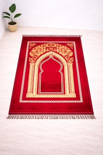 Image of Janamaz Prayer Mat Turkey Soft Velvet | Namaz Mat, Janimaz Namaz Aasan, Islamic Prayer Rug for Salah | 70x110 CM (Printed Ruby)