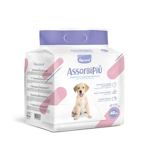 Record Assorbipiù traverse cani usa e getta per cani unisex. Extra assorbenza. Tappetini igienici per cani 40x60cm. Confezione 40 pz. Monouso, Antistrappo e Antiodore. Per Cani taglia medio piccola