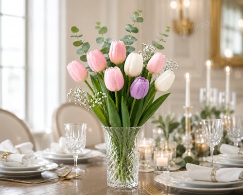Image of Divyakosh Artificial Flowers for Vase (Vase Not Included) - Luxury Tulip Flower Bouquet with Eucalyptus & Baby's Breath, Faux Floral Arrangement for Home Decor, Living Room, Dining Table, Office