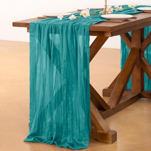 Image of Socomi 2pcs Teal Blue Spring Cheesecloth Table Runner Boho Rustic Gauze 120 inch 10FT Cheese Cloth Runner for Wedding Party Baby Shower Birthday Home Decor