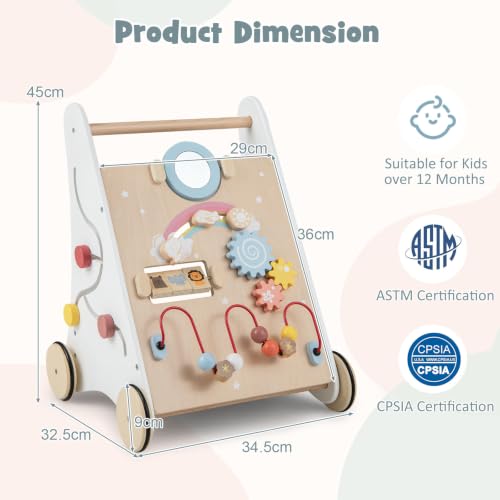 Miniatura 9 de Fantask Andador 7 En 1 De Madera, Con Caja De Almacenamiento, Color Blanco, Con Tablero De Juego, Espejo Y Bloques De Construcción, Para Bebés A Partir De 1 Año