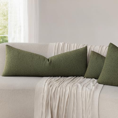 Image of Foindtower Decorative Textured Boucle Throw Pillow Covers Accent Solid Pillow Cases Neutral Long Body Lumbar Couch Cushion Case for Chair Sofa Bedroom Living Room Home Decor 14x36 Inch,1PC,Moss Green