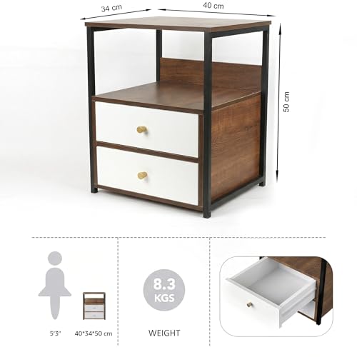 Image of Decor & More Bedside Table with 2 Drawers | Wooden Nightstand for Bedroom with Smooth Sliding Drawers & Open Storage Shelf | Space-Saving Side Table for Living Room | DIY