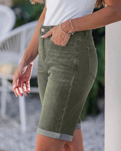 Image of luvamia Bermuda Jean Shorts Women High Rise Stretchy Cuffed Hem Denim Jorts