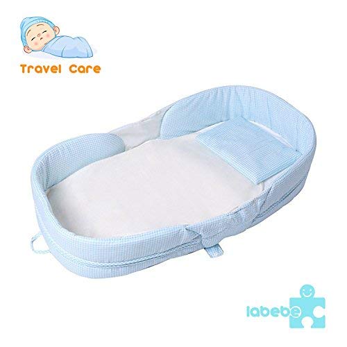 Labebe - Cama de viaje Baby Bed Bed (Sky Blue Grid)