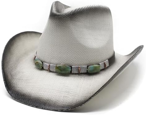 Chapeau de cowboy Western en paille avec bande en pierre turquoise, bordure en cuir marron, naturel, Blanc laiteux, taille unique
