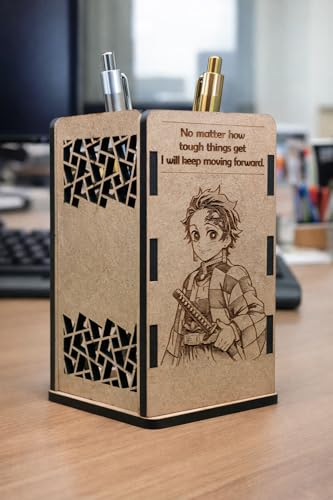 Image of Tanjiro Kamado Wooden Pen Stand | Anime Pencil Holder for Study Table | Demon Slayer Desk Accessories