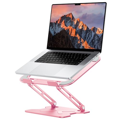 JCZT Adjustable Laptop Stand for Desk Metal Foldable Laptop Riser Portable Laptop Holder Mount Ventilated Cooling Computer Notebook Stand for MacBook Air Pro All 10-16 Notebooks Laptops Pink
