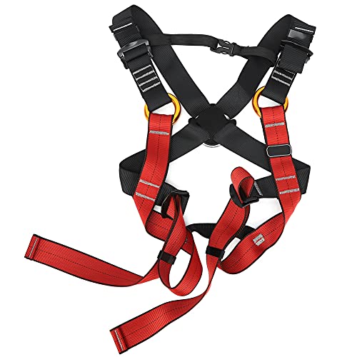 Jelquix Black Red Polyester Children Climbing Harness, Full Body Safety Belt, Outdoor Climbing Belt with Alloy Steel D Rings, Ideal for Rock, Hiking, Mountaineering & Working (Black and red trumpet