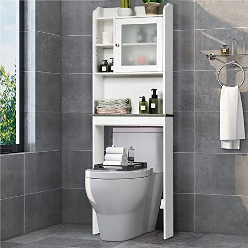 COSTWAY Over Toilet Cabinet, Freestanding Washing Machine Rack with Open Shelves and Door, Bathroom Space Saver Laundry Tall Storage Cupboard Organiser Unit (Tempered Glass Door)