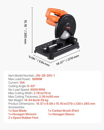 Image of VEVOR Chop Saw, 7-1 /4 in Stainless Steel Cold Cut Blade, 1200 W Motor, 4000 r /min Speed, 0-45 Adjustable Cutting Angle, Metal Cutting Chop Saw for Metal Square and Flat Tubes, I-Shaped Steels