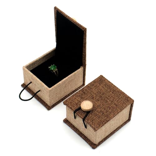 JYNVO Caixa de anel em linho e efeito de madeira, caixa de jóias com ordaça, resistente a choques e fácil de guardar, portátil para viagens, casamento, proposta, noivado, aniversário