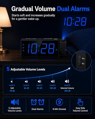 Projection Alarm Clock for Bedroom Ceiling, 180° Projector, Dual Alarm - Image 5