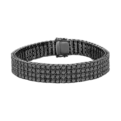 VVS1/D 8.25 Ctw. Solitaire Hand Set Round Cut Onyx Zirconia Diamond 14K Black Gold Finish Electro Micron High Polish 14mm/4 Row Tennis Link Chain Bracelet 35+ Grams