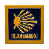 Piastrella in ceramica "¡BUEN CAMINO!" (11 x 11 cm) – Capesante giallo (stile Asturia) su blu – Piastrella in rilievo fatta a mano per pellegrini e peregrinos