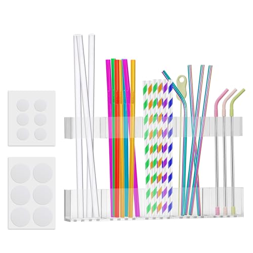 Acrylic Straw Holder for Cabinet Door, 9.8” Adjustable Two-Part Large Straws Organizer with Adhesive Tapes,Straw Organizers for Cabinet Cupboard Kitchen Counter (Clear-Two Part)