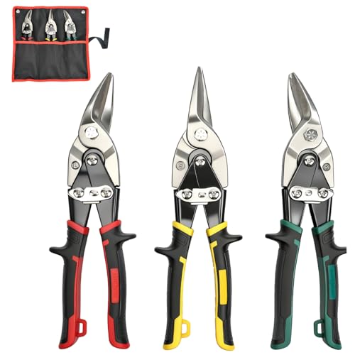 ANGELSWORD 3 PC Cr-M Aviation Tin Snips Set, 10 Inch Aviation Tin Snips, Cr-M Aviation Snips for Cutting Metal Sheet, Heavy Duty Sheet