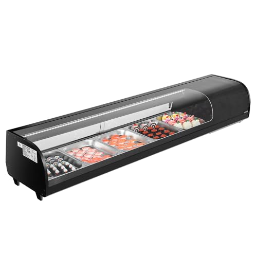 VEVOR Sushi Display Case Refrigerator, 2.9 Cu.ft Commercial Sushi Case, 5-Pan Countertop Showcase with Curved Glass, LED Lighting, and Digital Temperature Control, for Sushi-Bar, Restaurant, Store