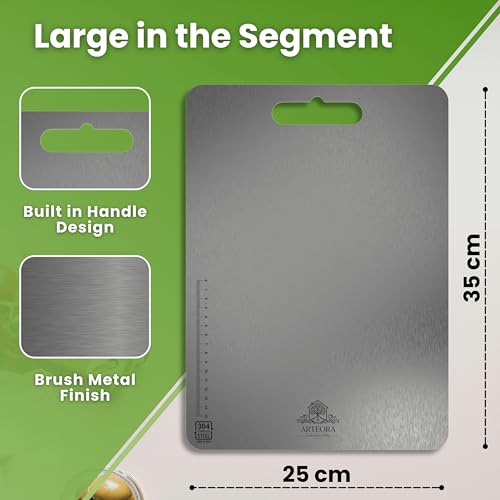 Image of Arteora Premium 304 Stainless Steel Chopping Board for Kitchen | Food Grade Steel | Anti-Bacterial, Rust-Proof, Odor-Free | Vegetable Cutting Board (Silver 35x25cm | Large)