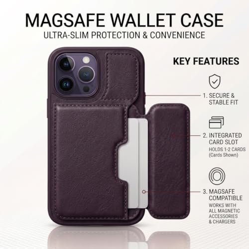 Image of amazon basics Luxury Vegan Leather Back Cover for iPhone 14 Pro | Built-in Card Holder Slot | Integrated Mobile Stand | Slim Shockproof Protective Case with Stitched Finish - Purple
