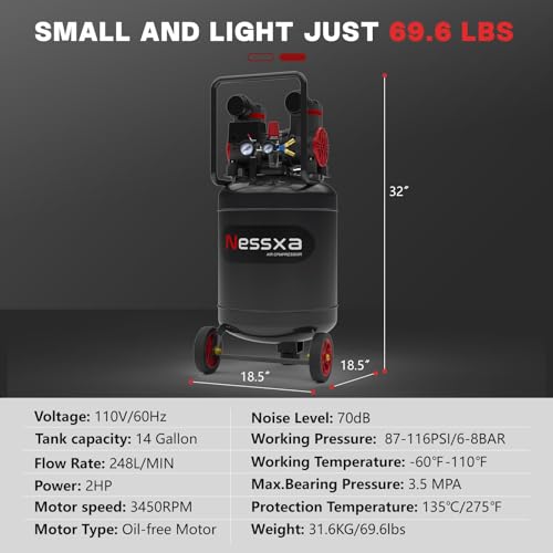 14 Gallon Ultra Quiet Air Compressor with 2 Quick Couplers 2HP 8.75 CFM, Max 115 PSI Pressure Oil-Free Air Compressor Tank, 70dB Quiet Compressor for Auto Repair, Tire Inflation 110V/60hz