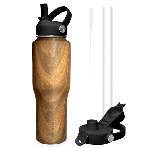 Image of SENDESTAR 32oz Water Bottle Wide Mouth Stainless Steel Vacuum Insulated Double Wall with 2 Straw Lids Fit in Any Car Cup Holder