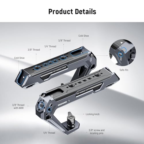 Image of NEEWER All Metal Stylish Camera Top Handle with 3 /8 inch Screw and Locating Pins, 1 /4 inch &3 /8 inch Threads, Cold Shoes, Anti Off Lock, Compatible with SmallRig Camera Cage Video Rig Stabilizer, CA078