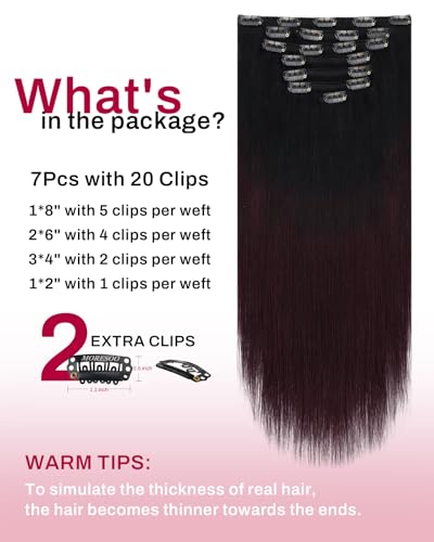 Image of Moresoo Burgundy Red Balayage Clip in Hair Extensions Real Human Hair 24in | Clip ins black to burgundy red ombre, 120g 7pcs, invisible weft for long length and party highlights