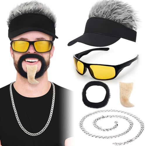 Ramede 4 piezas de sombrero falso de Halloween para el pelo de la celebridad de chef, peluca divertida con visera con pinchos y barba para hombre, cadena de acero inoxidable, lentes de sol polarizados