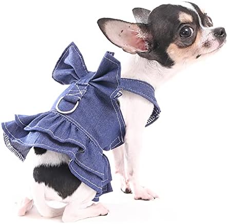 Hozz Small Dog Harness Dress Cute Bowtie Puppy Denim Skirt Jeans Dogs Clothing Pet Clothes Dogs Costumes with Leash Ring Light Blue M, Medium (Pack of 1)