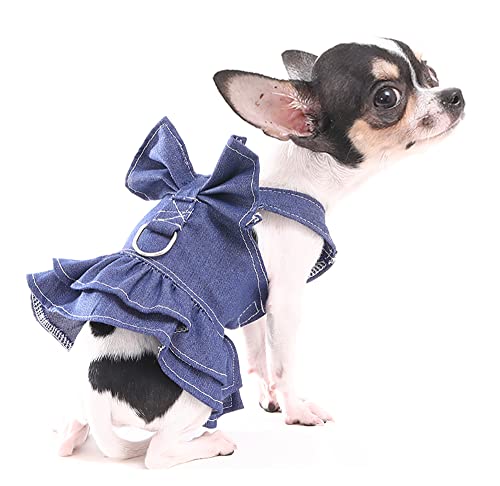 Hozz Small Dog Harness Dress Cute Bowtie Puppy Denim Skirt Jeans Dogs Clothing Pet Clothes Dogs Costumes with Leash Ring Light Blue M, Medium (Pack of 1)