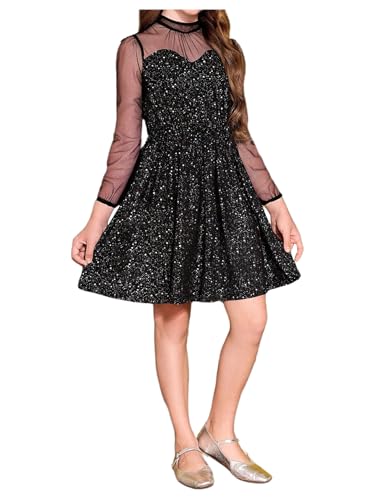 SweatyRocks Girl's Sparkly Sheer Mesh Short Dress Mock Neck Long Sleeve A Line Birthday Dresses