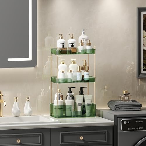 Image of Akinbas 3 Tier Bathroom Organizer Countertop Makeup Perfume Tray Skincare Organizer for Bathroom Dresser Vanity (Green)