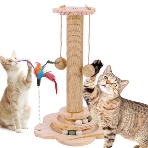 FitRepa Cat Scratching Post Multifunctional Cat Scratch Post - with Solid Wooden Base, Interactive Track & Spring Feather Toy, Scratching Posts For Indoor Cats (46cm Tall)