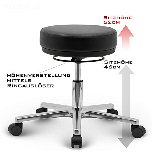 VERSEE Höhenverstellbarer Arbeitshocker LIBER aus Echt-Leder - Schwarz - Komfortable Polsterung - Belastbar bis 150kg - Ideal für Büro und Praxis