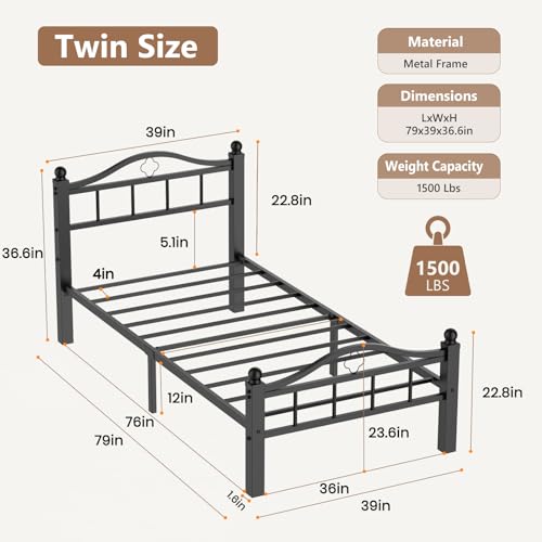 Image of Metal Twin Bed Frame with Headboard | Noise-Free Design, 12 inch Underbed Storage, Heavy Duty with Headboard, No Box Spring Needed, Tool-Free Assembly