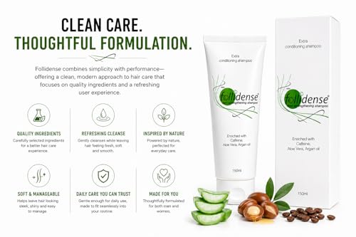 Image of Follidense Hair Strengthening Shampoo 150ml | Extra Conditioning Formula with Caffeine, Aloe Vera & Argan Oil | Nourishing Daily Care for Smooth, Healthy-Looking Hair | Suitable for Men & Women